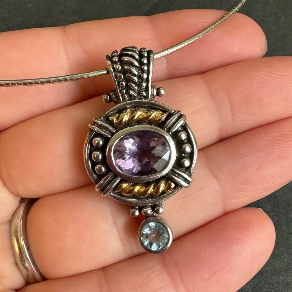 Samuel Benham 14K Gold Sterling Silver Amethyst Necklace BJC Blue Topaz Enhancer